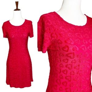 Vintage 90s Red Heart Chenille Textured Mini Dress